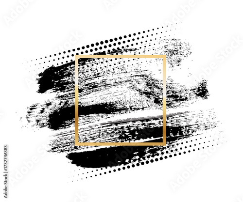 Golden square frame with black brush strokes and halftone dots on white background. Rough paint smears combined with gold border for banner or poster. Abstract vector illustration.