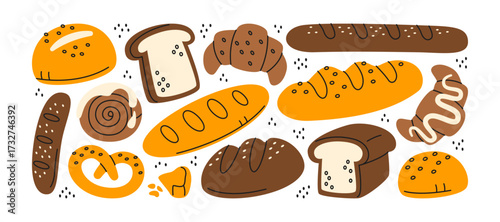 Bakery stickers in retro cartoon. Pastries: bread, croissant, pretzel, cinnamon roll. Bread: baguette, loaf, toast. Sweet bakery: muffin, bun, cookie.Freshly baked collection doodle illustration