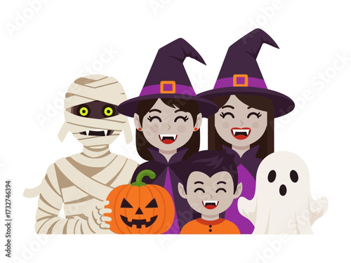 Halloween Festive Friends: A delightful collection of characters representing the spooky holiday spirit – a mummy, a vampire, witch, pumpkin, and ghost, each exuding festive charm.