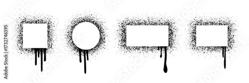 Spray paint frames with dripping ink effect in square, circle, and rectangle shapes. Grunge stencil borders in black with scattered spray texture. Urban graffiti style vector illustration.