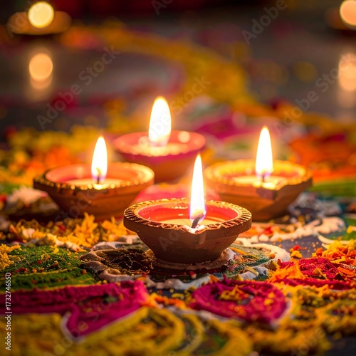 Diwali Festival of Lights with Traditional Clay Diyas and Rangoli Decorations.