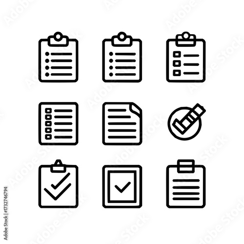 Collection of nine distinct clipboard icons with various checklist and document representations shown here