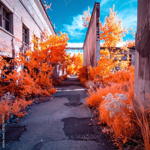 Vibrant Infrared Alleyway with Orange Foliage and Blue Sky.