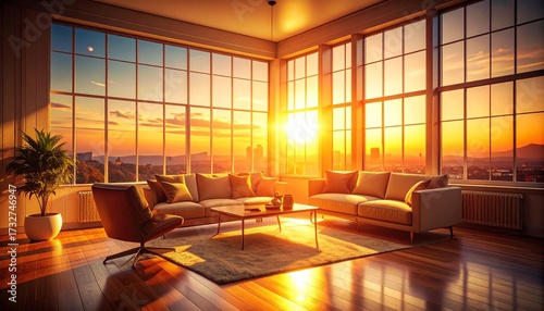 Modern Loft Apartment Living Room with Panoramic City Sunset View.