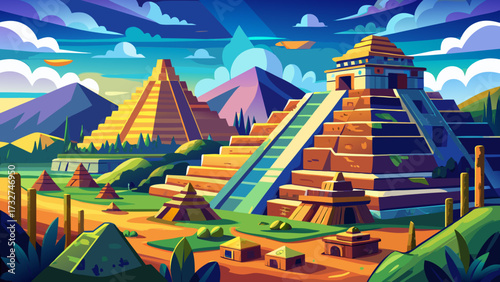 Very beautiful panorama of Teotihuacan Pyramids in Mexico, showcasing ancient architecture, cultural heritage, expansive stone structures, blue sky, historic ruins, and breathtaking landscape, reflect