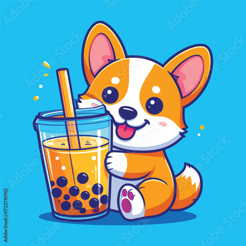 Cute corgi dog with boba milk tea cartoon vector icon illustration. animal drink icon concept isolated premium