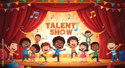 Children talent show illustration, joyful stage performance with music notes and decorations, festive cartoon vector for school event and celebration themes