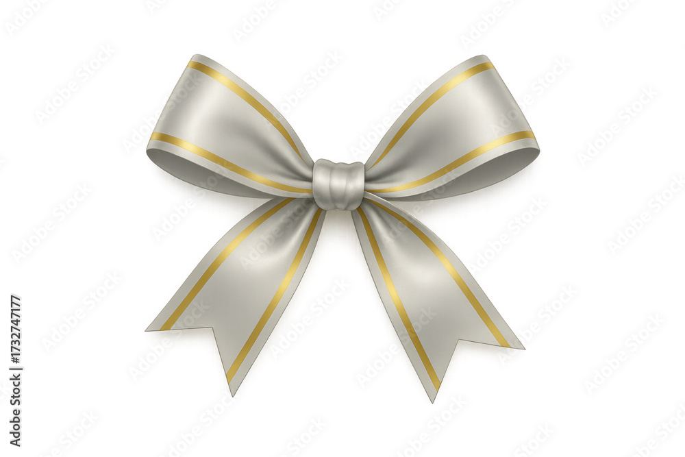 Naklejka premium White silk ribbon bow with gold stripes for gift decoration, luxury present wrapping, or festive event design