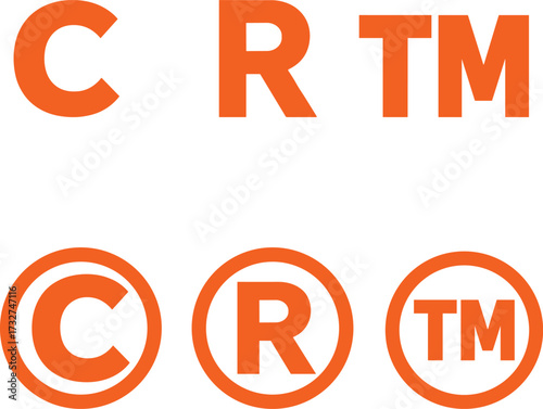 Copyright symbol, registered trademark, trademark icon, orange IP symbols, legal protection, branding, logo, rights, secure, design, graphic, minimal, ownership, identity, law, official
