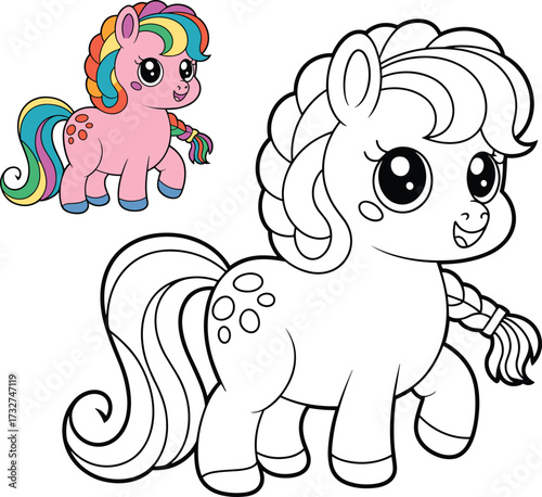 Coloring pony illustration, rainbow mane cartoon character, side-by-side colored and outline version, children’s activity vector for playful and educational use