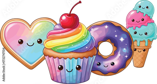 Cute dessert cartoon illustration set, smiling cookie, cupcake, donut, and ice cream characters, pastel background vector for playful children’s themes
