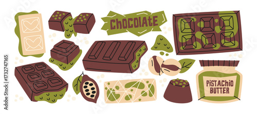 Dubai chocolate stickers in retro cartoon. Arabic sweets: pistachio nuts cream bars, kataifi dough chocolate, pistachio paste, luxury Middle Eastern desserts.Trendy knafeh sweets