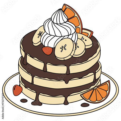 Illustration of a two-layer pancake stack drizzled with chocolate sauce