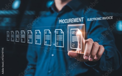 Procurement's Touch: An individual, in a business professional outfit, interacts with futuristic digital interfaces to signify electronic invoice & procurement.