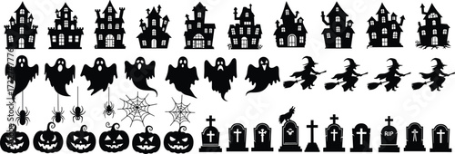Halloween silhouette icon set, haunted house, ghost, witch, bat, pumpkin, spider, tombstone, and graveyard vector for spooky festive design