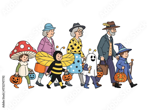Happy Halloween Parade: A joyful procession of children and adults in creative Halloween costumes, carrying pumpkin buckets, walk together under a clear sky, embodying the spirit of the holiday.