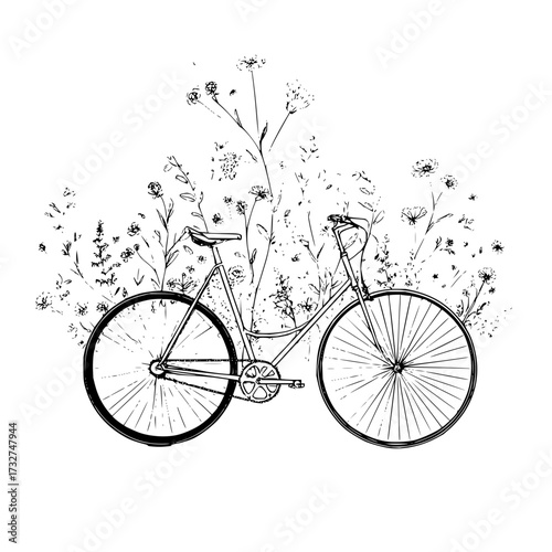 A vintage bicycle illustration surrounded by a variety of wildflowers in a black and white drawing style