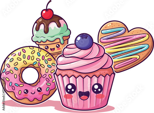 Kawaii dessert cartoon illustration set, smiling cupcake, donut, ice cream, and heart cookie characters, pastel vector for playful children’s themes