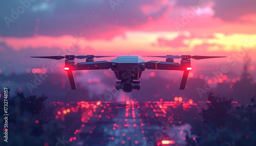 Drone soaring above city lights at sunset, capturing stunning aerial view.