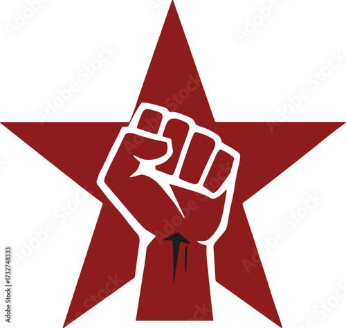 Raised fist protest illustration, revolutionary star symbol, solidarity vector art, activism graphic, resistance design, bold red and black clipart for movements