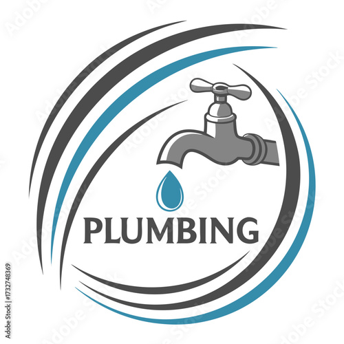 Modern plumbing service logo with a dripping faucet and water drop, representing reliable water solutions