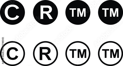 Copyright symbol, trademark symbol, registered trademark, legal protection, intellectual property, branding, icon set, logo, rights, secure, design, graphic, minimal, ownership, content, identity, law