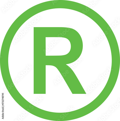 Green registered trademark, symbol, letter R, legal protection, branding, intellectual property, logo, icon, rights, secure, design, graphic, minimal, bold, identity, mark, official, creative, content