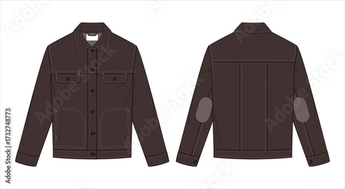 Unisex Jacket Technical Drawing Template | Front and Back Fashion Flat Sketch | Casual Denim Style CAD Mockup