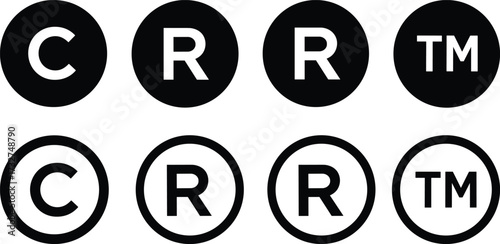 Copyright symbol, trademark symbol, registered trademark, legal protection, intellectual property, icon set, branding, logo, rights, secure, design, graphic, minimal, ownership, content, identity, law