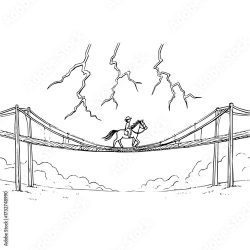 A person on a horse crossing a rope bridge with lightning in the sky in a black and white sketch style