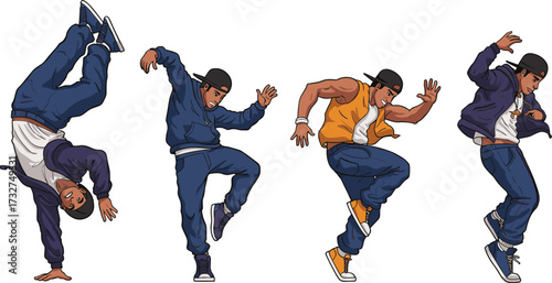 Street dancers performing breakdance moves, hip hop style, urban fashion, energetic choreography, modern culture, youth expression, dynamic performance, dance illustration
