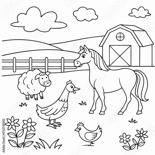 Farm animals coloring page for kids printable sheets horse sheep chicken barn flowers landscape scene activity