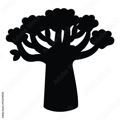 Silhouette illustration of a large, spreading baobab tree isolated on white background