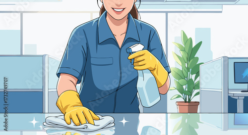A cheerful cleaner wearing yellow gloves sanitizes a glass desk with a spray bottle and cloth, promoting a spotless and hygienic workspace