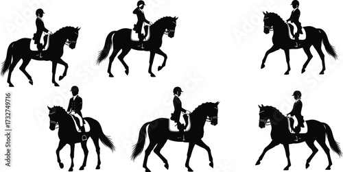 Silhouettes of diverse dressage riders on horses in various poses, showcasing the elegance and precise movements of this equestrian sport, black and white