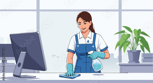 Professional cleaner in blue uniform meticulously sanitizing an office desk with a spray bottle and cloth, ensuring a pristine workspace