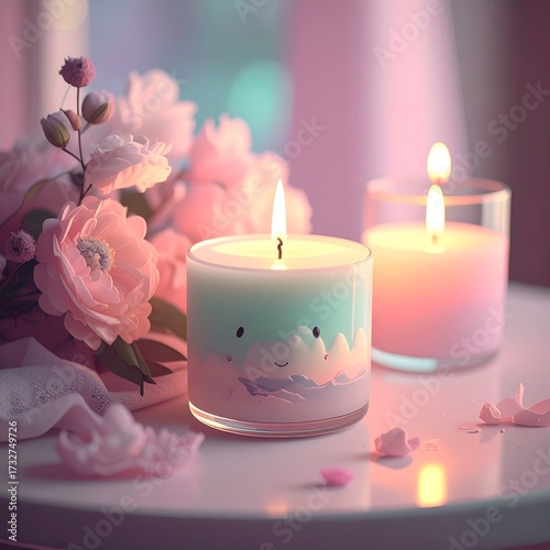 Pastel Candles and Pink Flowers - A Serene Still Life.