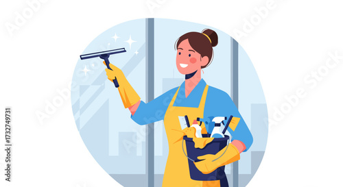 A smiling woman in yellow gloves and apron cleans a large window with a squeegee, holding a bucket filled with cleaning supplies, with a blurred cityscape in the background
