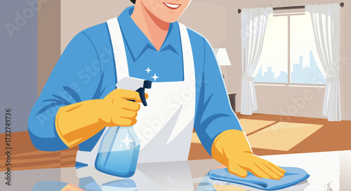 A person in an apron and yellow gloves is cleaning a shiny surface with a spray bottle and a cloth in a well-lit room, suggesting household chores and tidiness