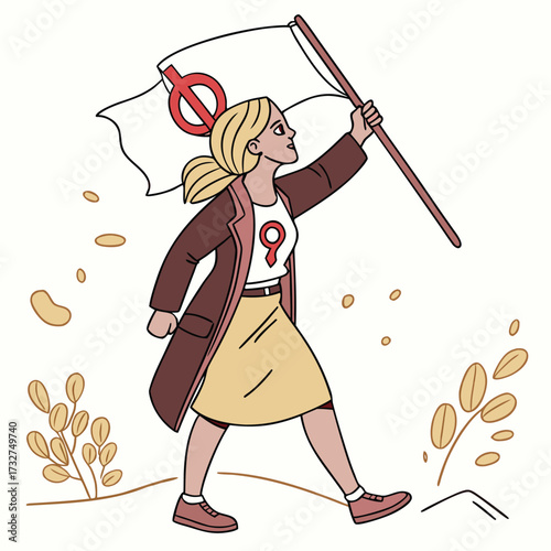 Illustration of a woman marching forward, holding a flag with a symbol, representing a movement.