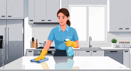 A smiling woman wearing gloves cleans a kitchen counter with a spray bottle and cloth, promoting a sense of cleanliness and order