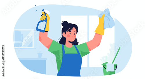 A cheerful woman in yellow gloves and an apron holds a spray bottle and cloth, ready to clean, with a bucket and mop in the background, symbolizing a clean home and household chores