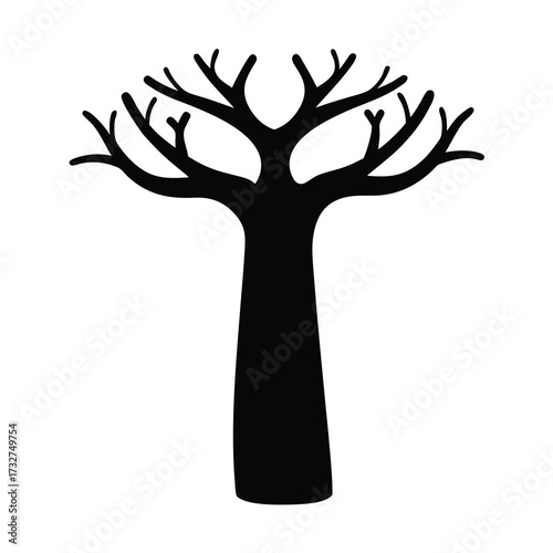 Silhouette of a distinctive tree, perhaps a baobab, stark against white