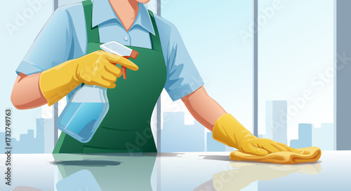Professional cleaning service with a person in yellow gloves spraying and wiping down a clean countertop with a city skyline visible in the background, representing a tidy and hygienic environment