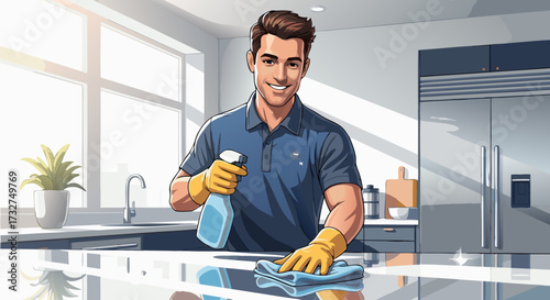 Smiling man wearing gloves and holding a spray bottle with cleaning cloth to sanitize kitchen counter top
