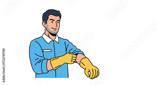 A man in a blue uniform and yellow gloves is rolling up his sleeves, ready for work or cleaning tasks, illustrating preparedness and a commitment to hygiene