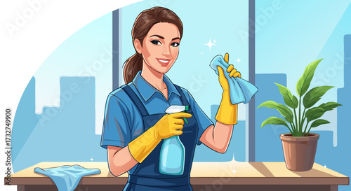 Professional cleaning service with a cheerful woman in uniform holding a spray bottle and cloth, ready to make your space sparkle and shine