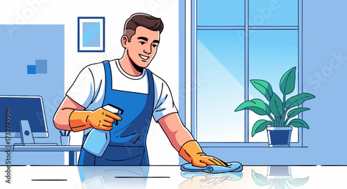 Smiling man in apron and gloves cleaning a surface with a spray bottle and cloth, representing home or office cleaning services and household chores