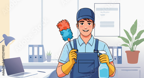 Professional cleaner with duster and spray bottle in a well-lit office, ready to provide top-notch cleaning services for a spotless environment
