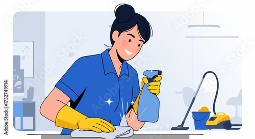Professional cleaning service, a woman wearing yellow gloves and holding a spray bottle wipes a surface with a cloth next to a vacuum cleaner